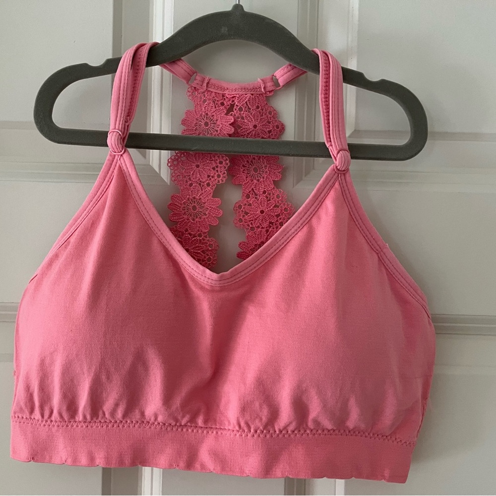 Laura Ashley pink sports bra w/floral cutout straps, removable pads XL feminine